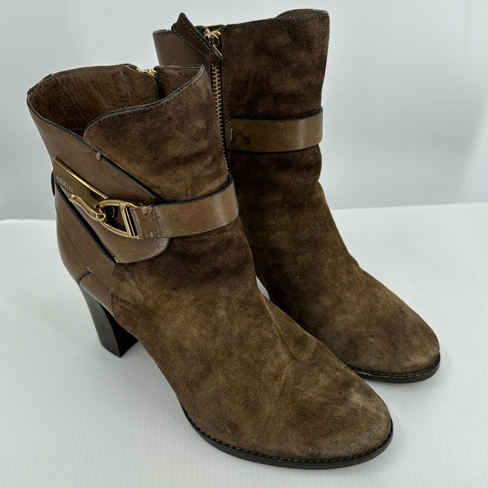 Aerin Women's Brown Leather and Suede Cadiz Ankle Bootie 6M EUC Gold Hardware